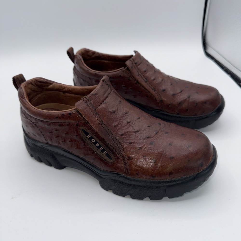 Roper Faux Ostrich (Sz 7.5) Performance Slip On Men's Brown Leather Casual Shoes